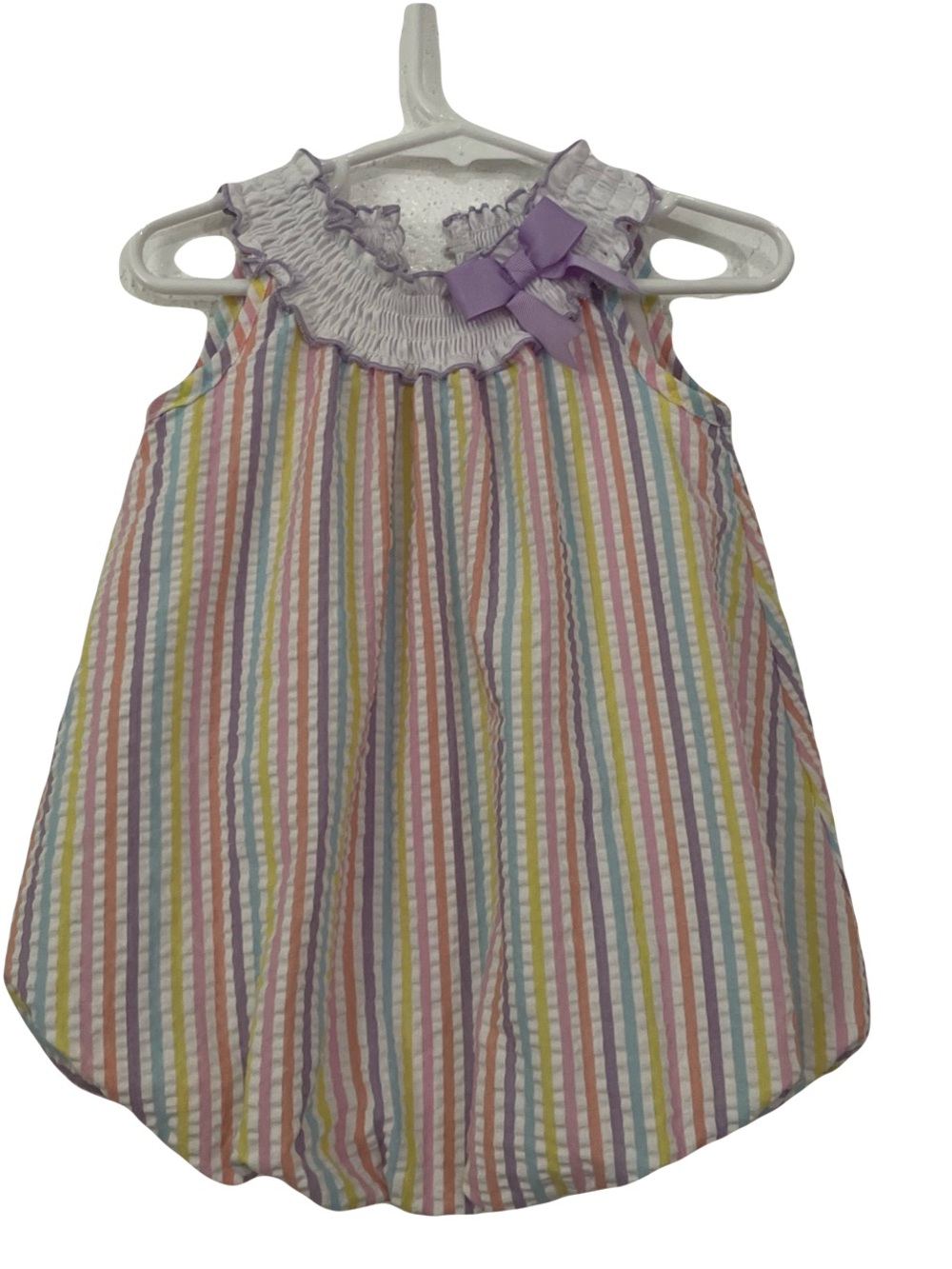 Rare Editions Pastel Rainbow Striped Sleeveless bubble romper with Lavender Bow